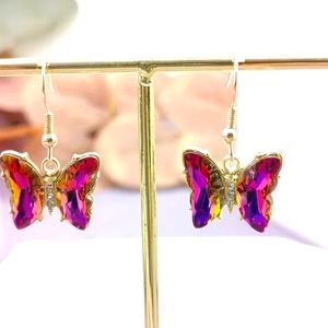 BUTTERFLY RAINBOW MYSTIC TOPAZ RED / ORANGE STERLING 1 1/2 IN DANGLE